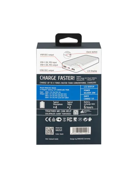 Rivacase VA2521 Powerbank 20000 mAh Pantalla LCD Carga Rápida 20W Negro