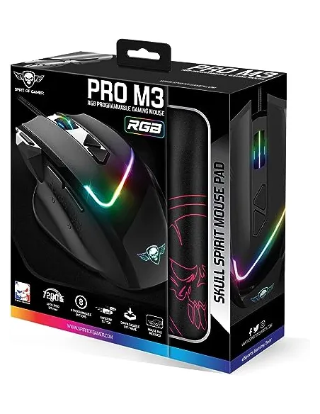 Spirit of Gamer S-PM3RGB PRO M3 RGB 7200DPI Negro + Alfombrilla