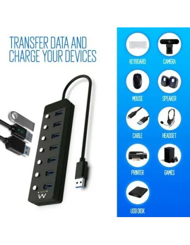 Ewent EW1147 HUB USB-A 3.0 a USB-A 3.0 7 Puertos 1 M Negro + Adaptador USB-A a USB-C
