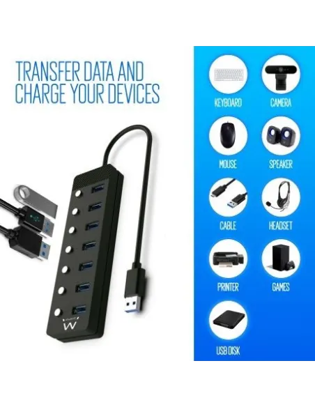 Ewent EW1147 HUB USB-A 3.0 a USB-A 3.0 7 Puertos 1 M Negro + Adaptador USB-A a USB-C