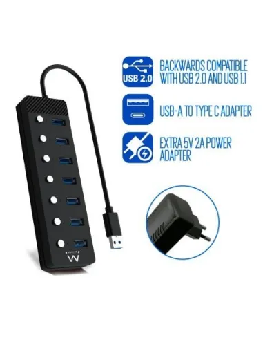 Ewent EW1147 HUB USB-A 3.0 a USB-A 3.0 7 Puertos 1 M Negro + Adaptador USB-A a USB-C