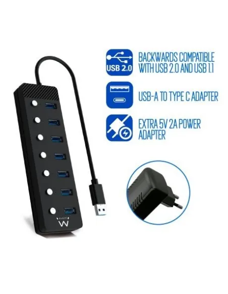 Ewent EW1147 HUB USB-A 3.0 a USB-A 3.0 7 Puertos 1 M Negro + Adaptador USB-A a USB-C