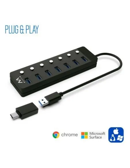 Ewent EW1147 HUB USB-A 3.0 a USB-A 3.0 7 Puertos 1 M Negro + Adaptador USB-A a USB-C