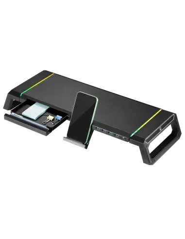 Ewent EW1268 Elevador de Monitor RGB Plegable con Cajón Soporte para Smartphone y HUB USB 3.0 de 4 Puertos