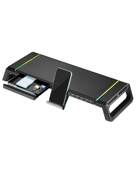 Ewent EW1268 Elevador de Monitor RGB Plegable con Cajón Soporte para Smartphone y HUB USB 3.0 de 4 Puertos