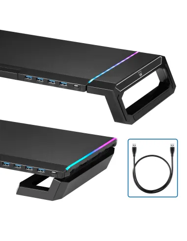 Ewent EW1268 Elevador de Monitor RGB Plegable con Cajón Soporte para Smartphone y HUB USB 3.0 de 4 Puertos
