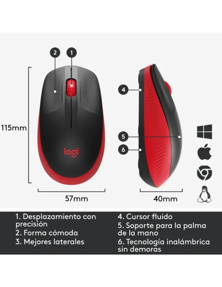 Logitech 910-005908 M190 Ratón Inalámbrico 1000 DPI Rojo