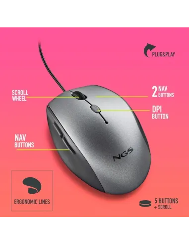 NGS Moth Ratón Ergonómico Gris