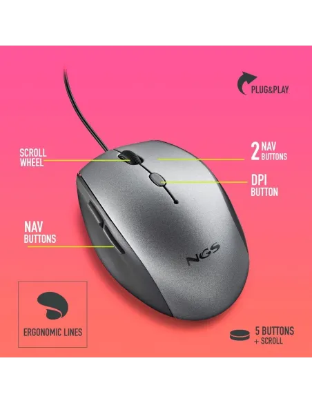NGS Moth Ratón Ergonómico Gris