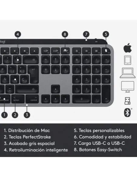 Logitech MX Keys Teclado Inalámbrico Retroiluminado para Mac/iPad Gris