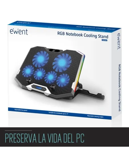Ewent EW1260 Soporte Refrigerador RGB Multiángulo para Portátiles con 6 Ventiladores de Velocidad Ajustable