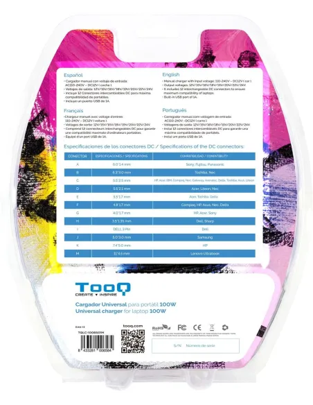 TooQ Cargador Universal para Portátil 100W Negro