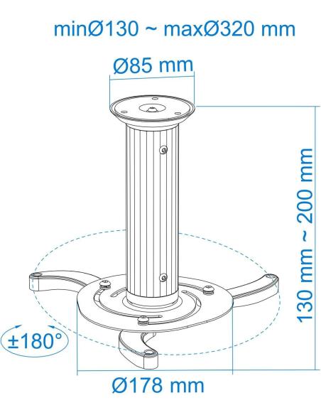 TooQ PJ1010TN-S Soporte de Techo para Proyectores Inclinable y Giratorio 360º Máx. 10Kg Plata