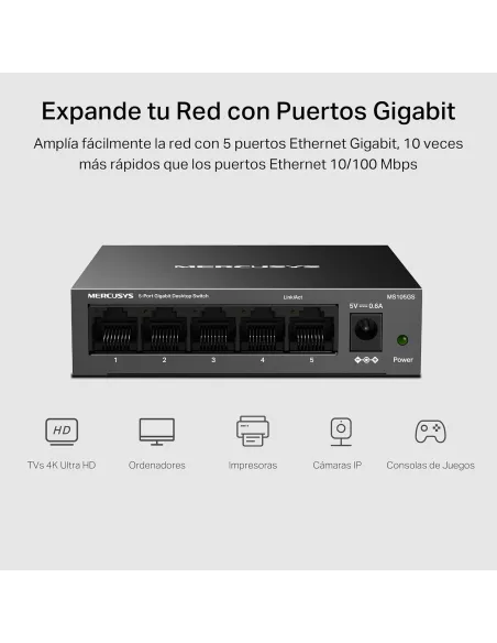 Mercusys MS105GS Switch Gigabit de Sobremesa 5 Puertos RJ-45