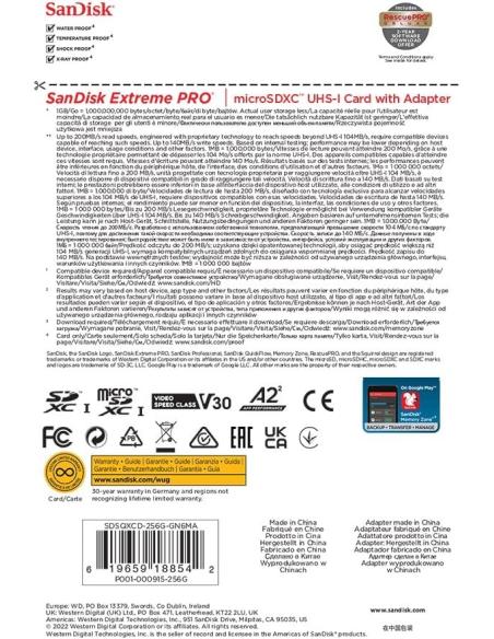 Sandisk Extreme Pro MicroSDXC 256GB UHS-I A2 Clase 10 V30