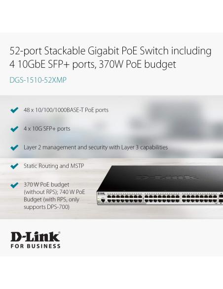 D-Link DGS-1510-52XMP/E Switch PoE 48 Puertos Gigabit + 4 Puertos SFP+
