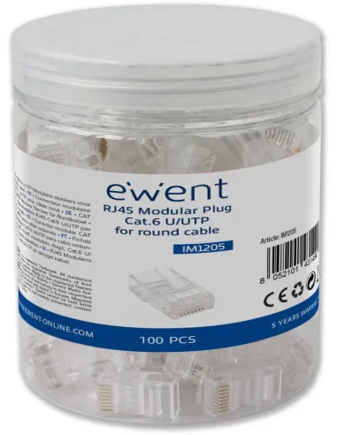 Ewent IM1205 Conector Modular CAT 6 U/UTP para Cable Redondo 100 unidades Transparente
