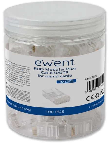 Ewent IM1205 Conector Modular CAT 6 U/UTP para Cable Redondo 100 unidades Transparente