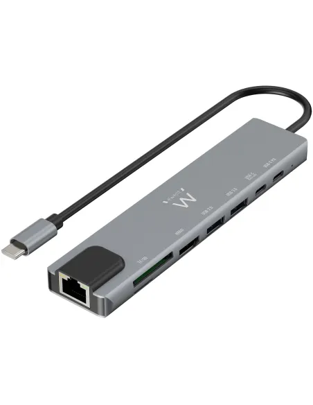 Ewent EW1146 Docking Station 8 puertos USB-C a USB-C/USB-A/HDMI/RJ-45/MicroSD/SD 15 cm Gris
