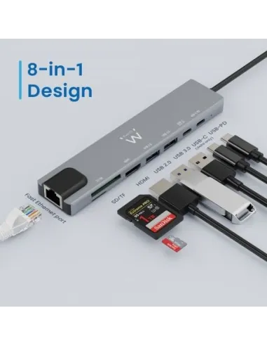 Ewent EW1146 Docking Station 8 puertos USB-C a USB-C/USB-A/HDMI/RJ-45/MicroSD/SD 15 cm Gris