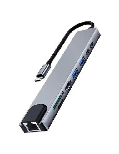 Ewent EW1146 Docking Station 8 puertos USB-C a USB-C/USB-A/HDMI/RJ-45/MicroSD/SD 15 cm Gris
