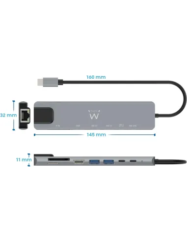 Ewent EW1146 Docking Station 8 puertos USB-C a USB-C/USB-A/HDMI/RJ-45/MicroSD/SD 15 cm Gris