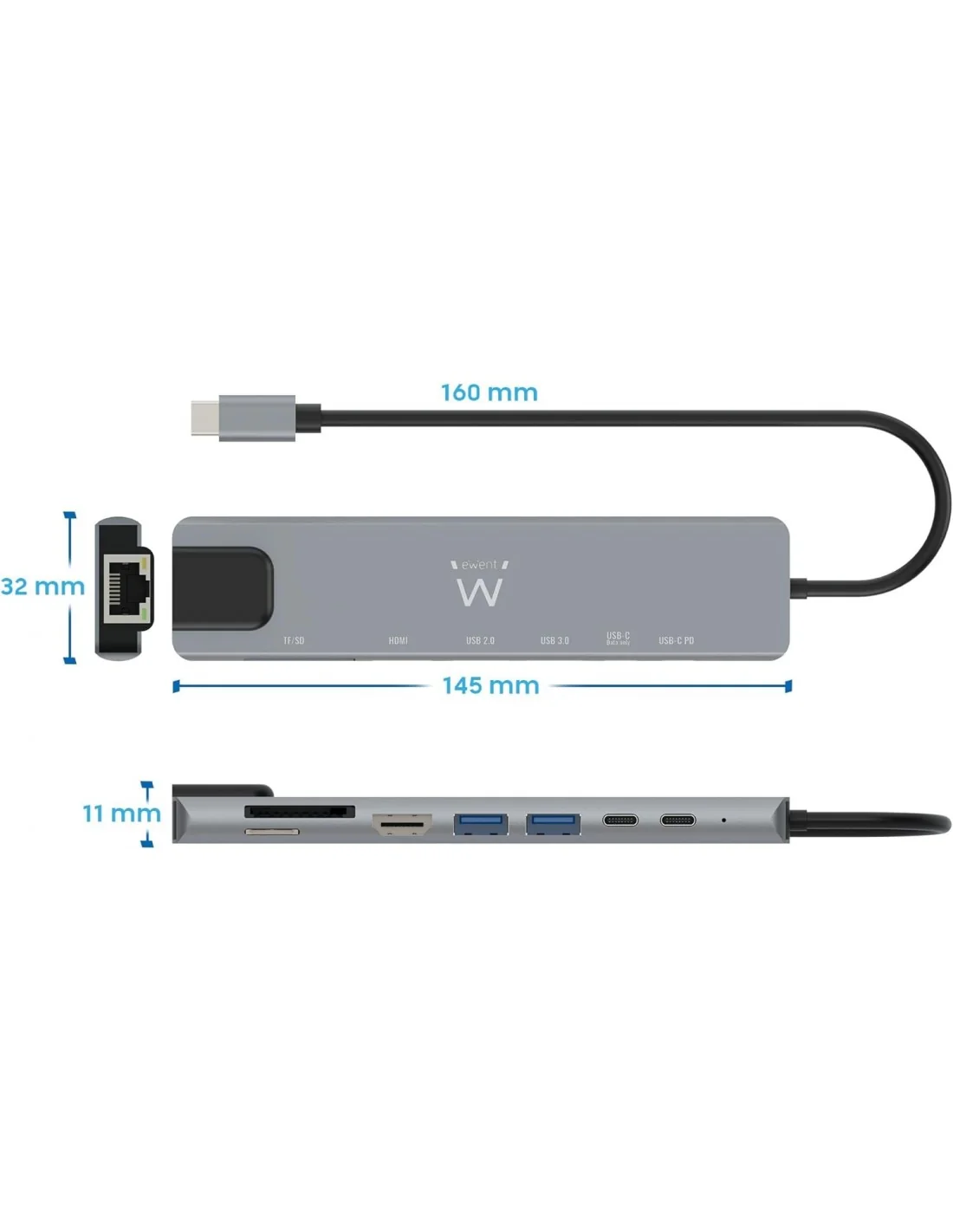 Ewent EW1146 Docking Station 8 puertos USB-C a USB-C/USB-A/HDMI/RJ-45/MicroSD/SD 15 cm Gris