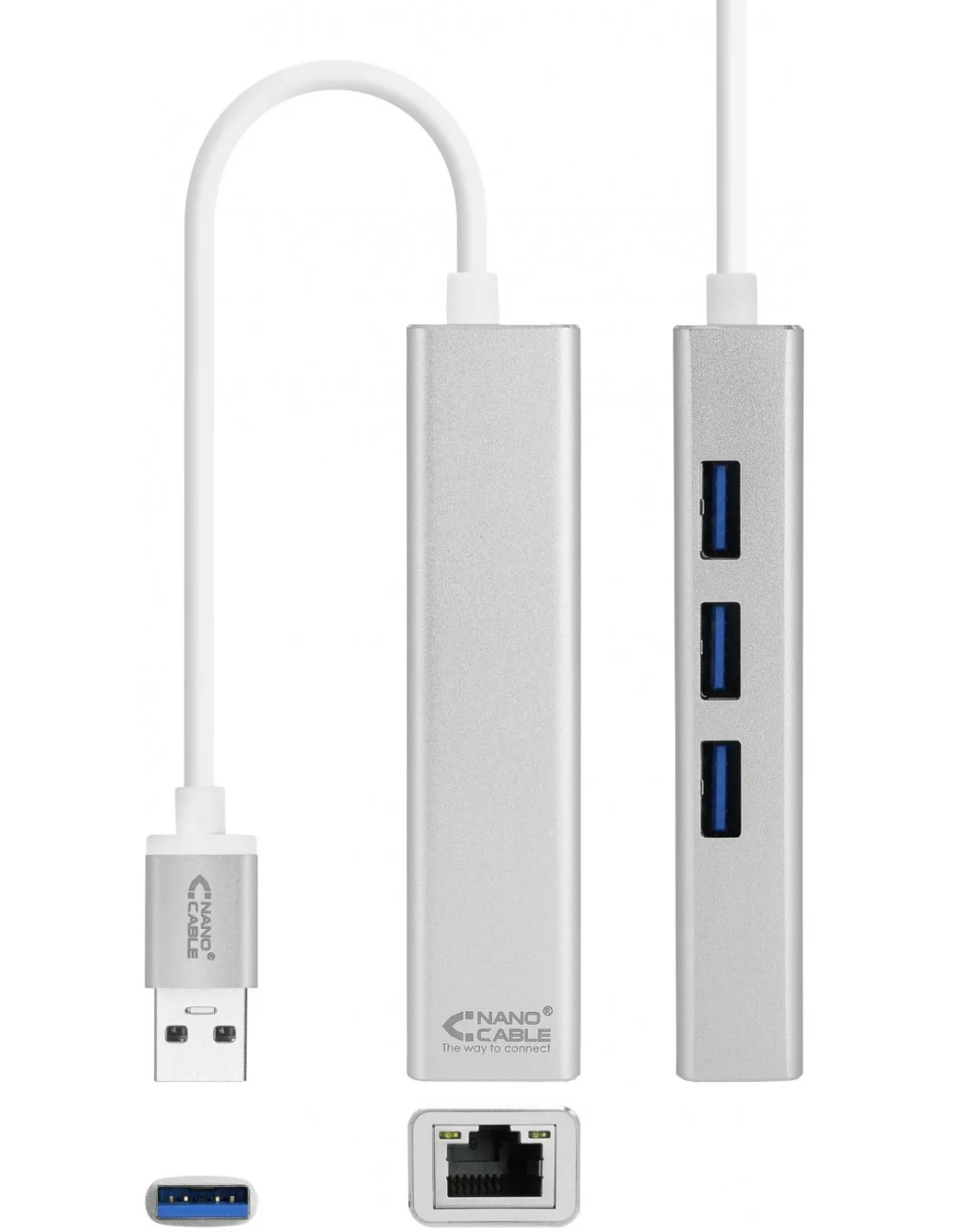 Nanocable 10.03.0403 Adaptador USB-A a RJ-45/USB-A Ethernet Gigabit 15cm Plata