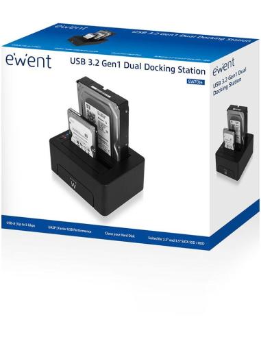 Ewent EW7014 Estación de Acoplamiento para Discos Duros Dual 2.5"-3.5" SSD Negro
