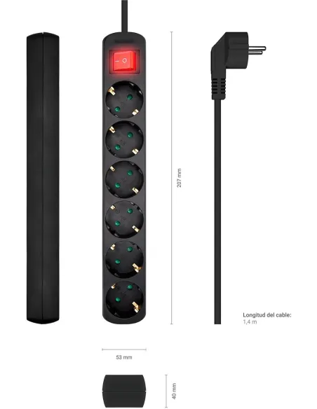 Aisens A154-0536 Regleta 6 Tomas con Interruptor 1,4M Negro