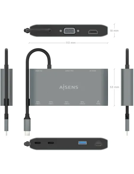 Aisens ASUC-8P010-GR Docking Station 8 Puertos USB-C a USB-A/USB-C/HDMI/RJ-45/VGA 20 cm Gris