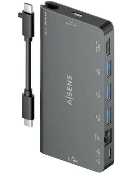 Aisens ASUC-8P015-GR Docking Station 8 Puertos USB-C a USB-A/RJ-45/HDMI/USB-C/microSD/SD 10 cm Gris
