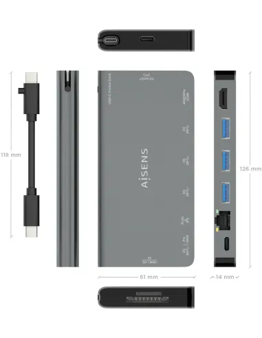 Aisens ASUC-8P015-GR Docking Station 8 Puertos USB-C a USB-A/RJ-45/HDMI/USB-C/microSD/SD 10 cm Gris