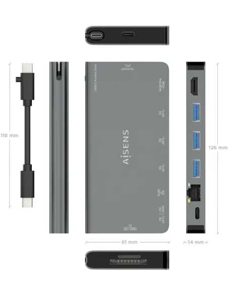 Aisens ASUC-8P015-GR Docking Station 8 Puertos USB-C a USB-A/RJ-45/HDMI/USB-C/microSD/SD 10 cm Gris