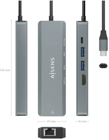 Aisens ASUC-5P011-GR Docking Station 5 Puertos USB-C a USB-A/USB-C/HDMI/RJ-45 15 cm Gris