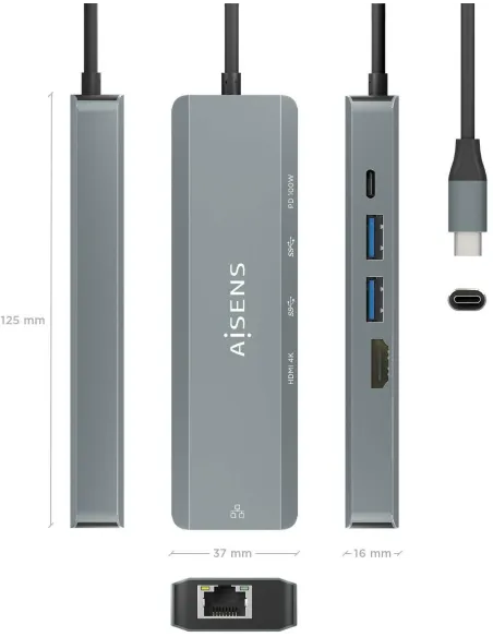 Aisens ASUC-5P011-GR Docking Station 5 Puertos USB-C a USB-A/USB-C/HDMI/RJ-45 15 cm Gris