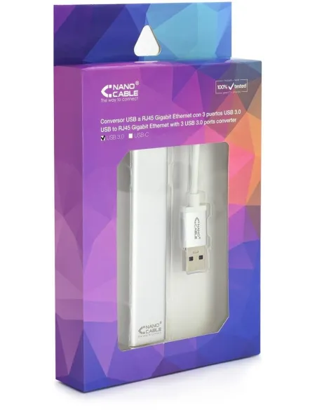 Nanocable 10.03.0403 Adaptador USB-A a RJ-45/USB-A Ethernet Gigabit 15cm Plata