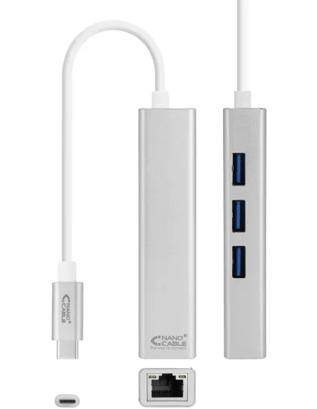 Nanocable 10.03.0404 Adaptador USB-C a RJ-45/USB-A Ethernet Gigabit 15cm Plata