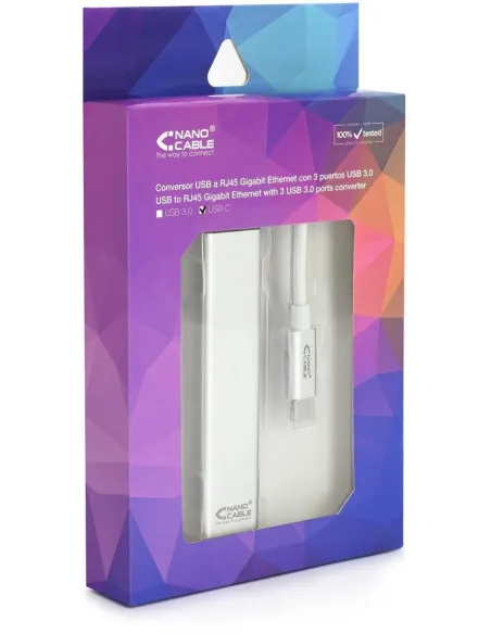 Nanocable 10.03.0404 Adaptador USB-C a RJ-45/USB-A Ethernet Gigabit 15cm Plata