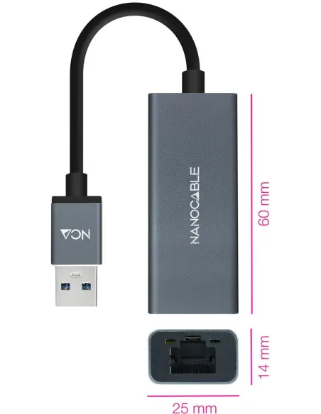 Nanocable 10.03.0405 Adaptador USB-A a RJ-45 Ethernet Gigabit Gris
