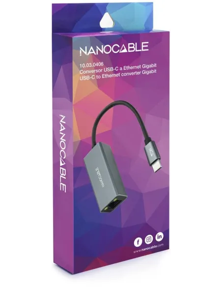 Nanocable 10.03.0406 Adaptador USB-C a RJ-45 Ethernet Gigabit 15 cm Gris