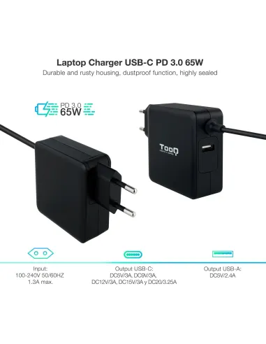 TooQ TQLC-USBC65PD Cargador para Portátil USB-C 65W 1,8M Negro