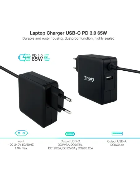 TooQ TQLC-USBC65PD Cargador para Portátil USB-C 65W 1,8M Negro