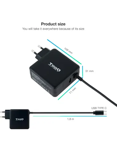 TooQ TQLC-USBC65PD Cargador para Portátil USB-C 65W 1,8M Negro