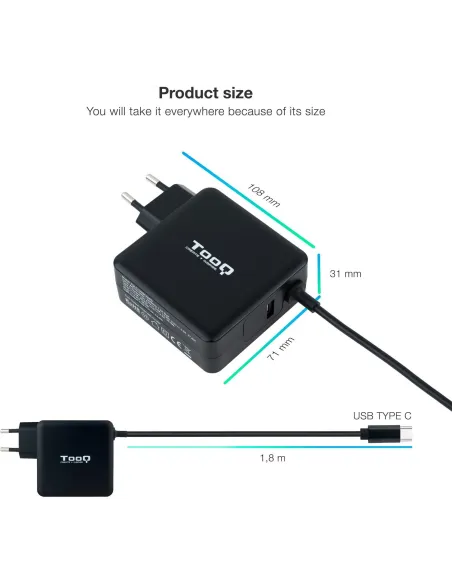 TooQ TQLC-USBC65PD Cargador para Portátil USB-C 65W 1,8M Negro