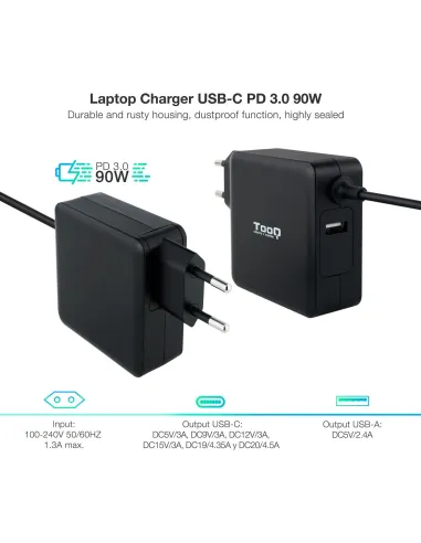 TooQ Cargador para Portátil con USB-C 90W Negro