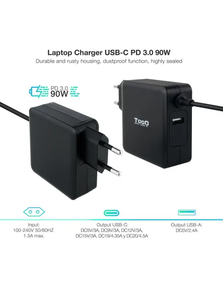 TooQ Cargador para Portátil con USB-C 90W Negro