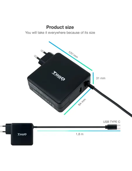 TooQ Cargador para Portátil con USB-C 90W Negro