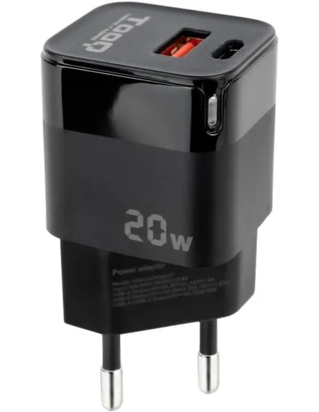 TooQ TQWC-QCPD20 Cargador de Pared 20W USB-C + USB-A Negro