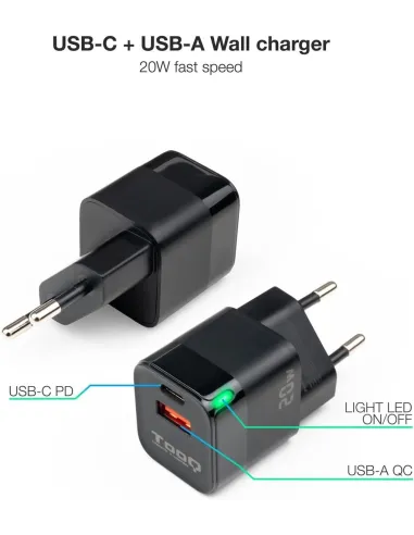 TooQ TQWC-QCPD20 Cargador de Pared 20W USB-C + USB-A Negro